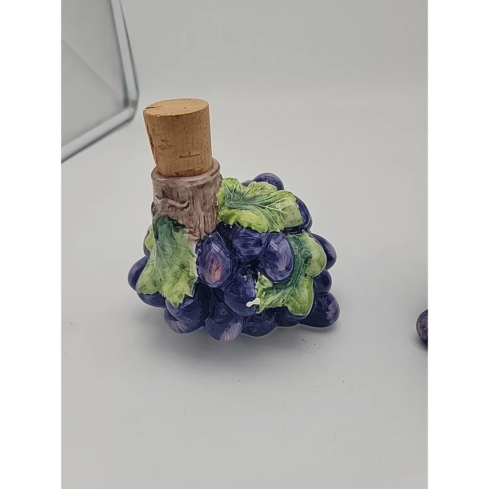 Mid Century Vintage Hand Painted Ceramic Grape Cluster Cork Wine Decanters Italy